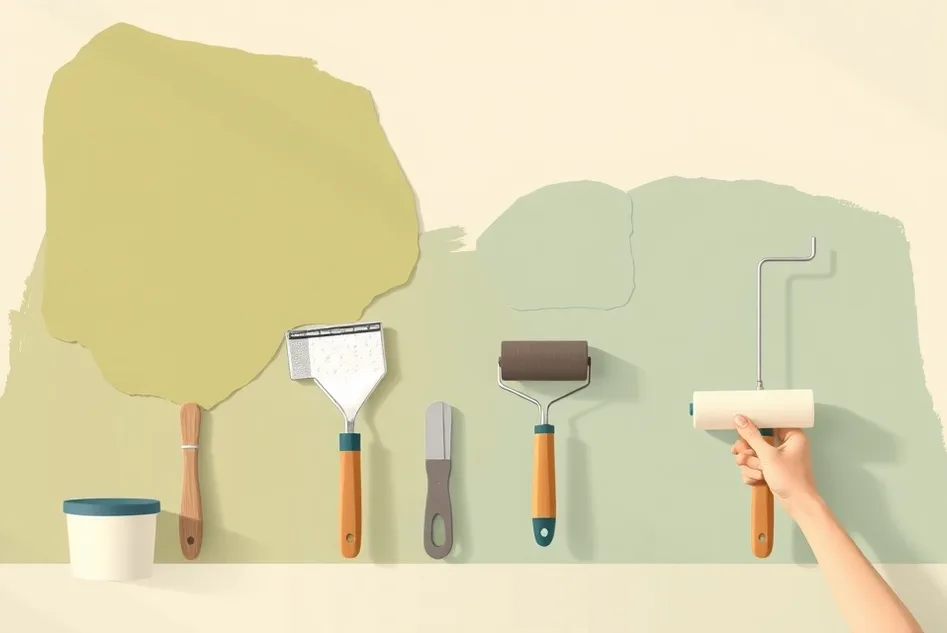 Outils de peinture disposés dans l'ordre des étapes du chantier