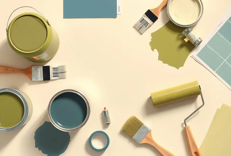 Pots de peinture, nuancier, brosses et rouleaux disposés à plat