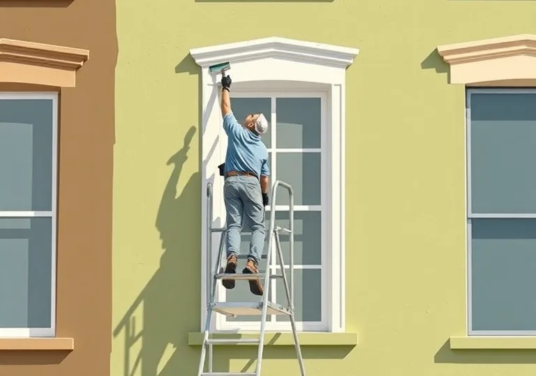 Peintre sur échafaudage traitant la façade d'une maison