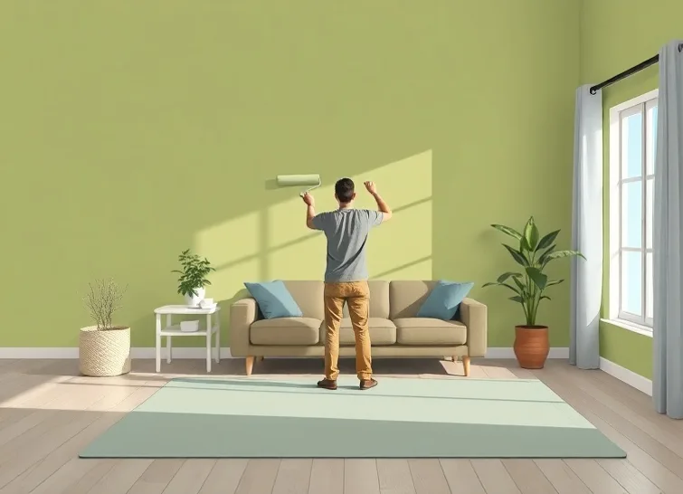 Peintre appliquant la peinture au rouleau sur un mur de salon