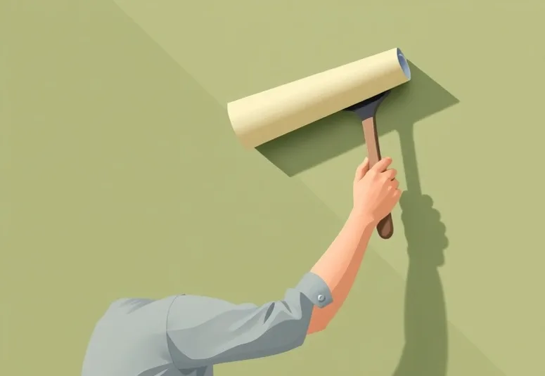 Pose de papier peint, rouleau et brosse à maroufler